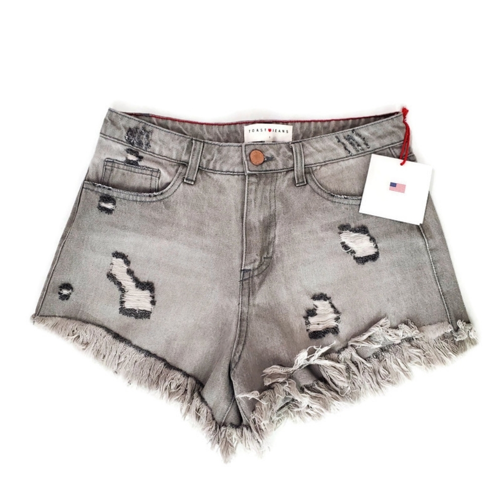 Toast Jeans Women's Gray Frayed Hem High Rise Shorts Size Small NWT